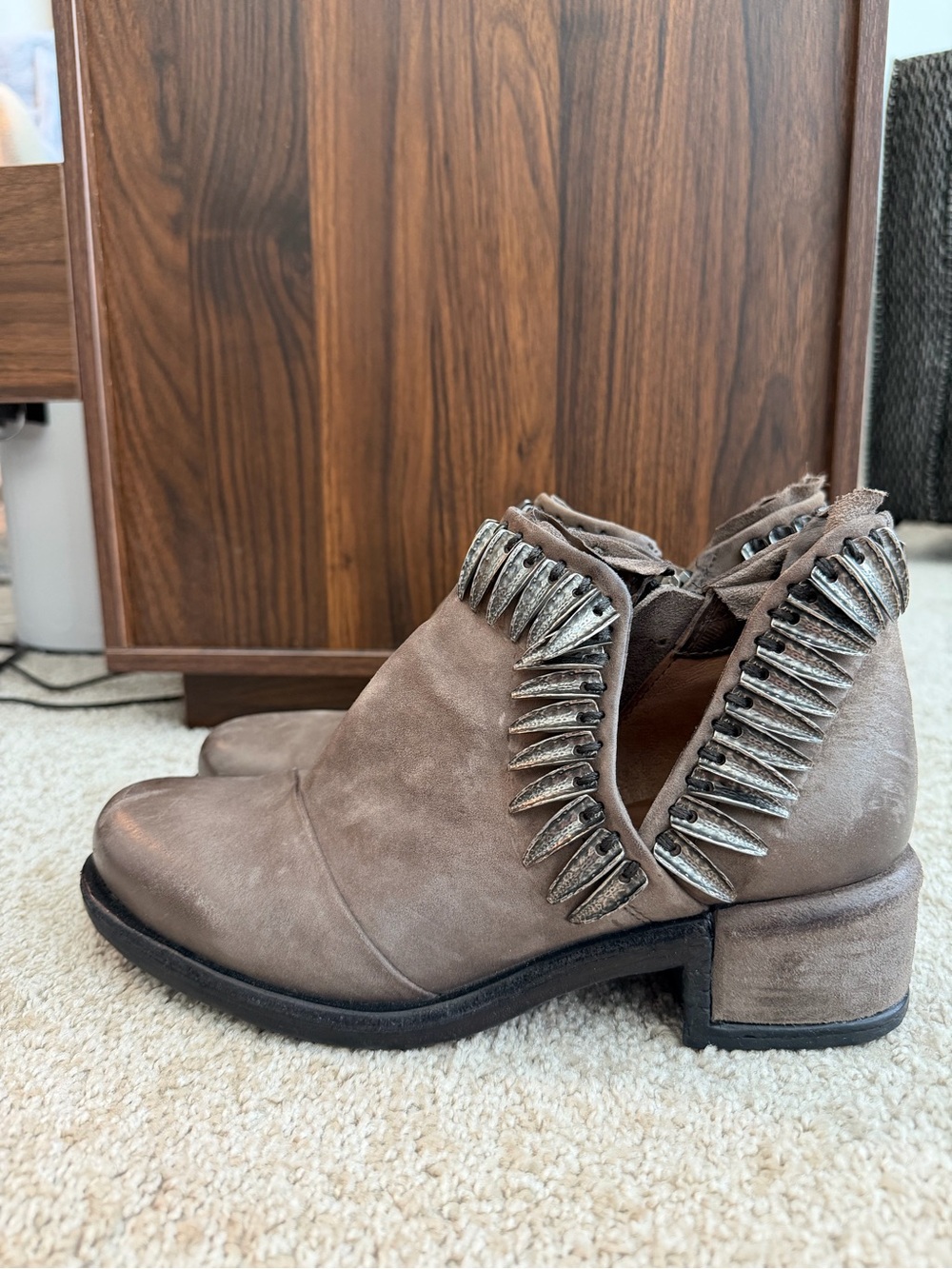 A.S.98 Taupe Suede Ankle Boots with Silver Stud Accents